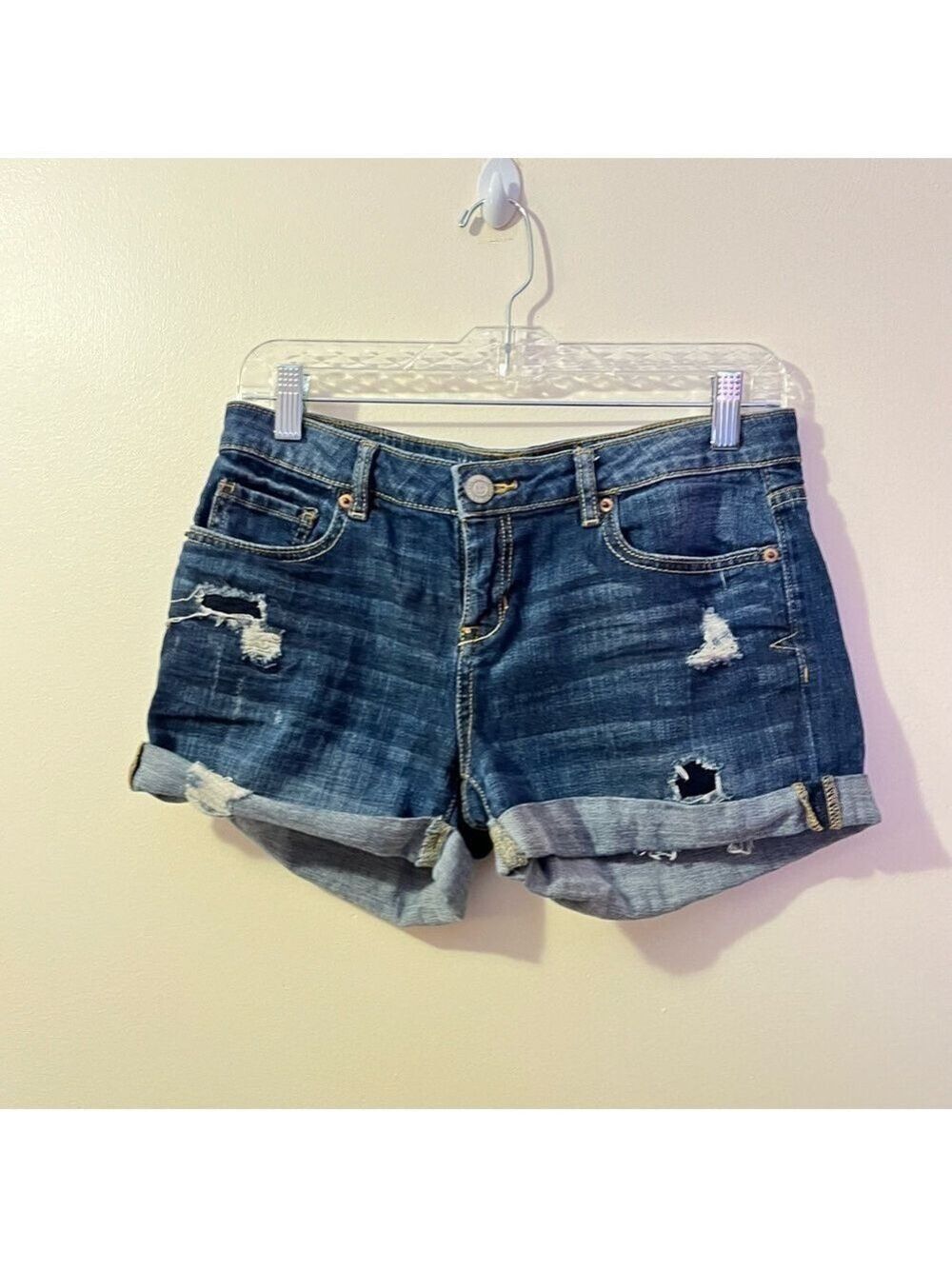 Aeropostale Distressed Denim Shorts Rolled Cuff Stretch Blue Size 6 Mid Rise